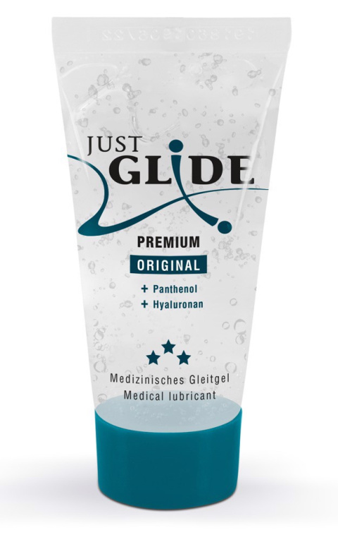 Żel/lubrykant na bazie wody, Just Glide Premium, z pantenolem i kwasem hialuronowym, tubka 20 ml Żel/lubrykant na bazie wody, Just Glide Premium, z pantenolem i kwasem hialuronowym, tubka 20 ml