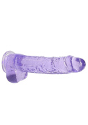 Dildo na przyssawce, 9.0, z jądrami, krystalicznie bladoróżowe lub fiołkowe, TPE