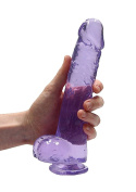 Dildo na przyssawce, 9.0, z jądrami, krystalicznie bladoróżowe lub fiołkowe, TPE