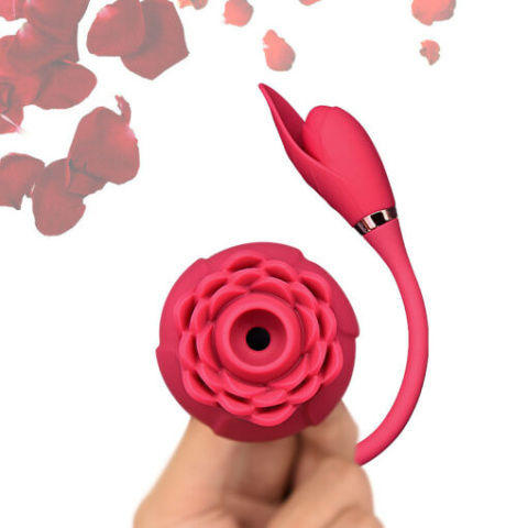 Masażer dwustronny: ssąca róża i miziajacy listek, Miss Coyness, silikon, USB Masażer dwustronny: ssąca róża i miziajacy listek, Miss Coyness, silikon, USB