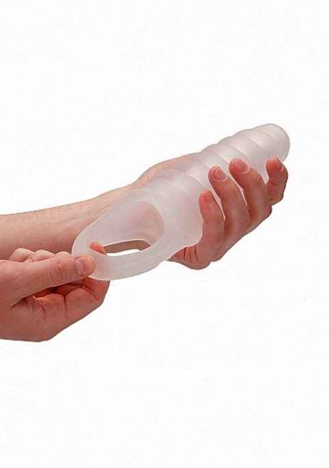 Nakładka SONO No 21, mocno pogrubia penisa, stymuluje kobietę, otwarta na szczycie, zaczep na jądrach, TPE