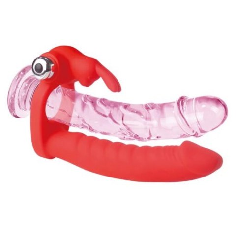 Dildo/strap-on do podwójnej penetracji, Trinity Fun, zakładany na penisa, z wibracjami/stymulacją lechtaczki, silikon, baterie Dildo/strap-on do podwójnej penetracji, Trinity Fun, zakładany na penisa, z wibracjami/stymulacją lechtaczki, silikon, baterie
