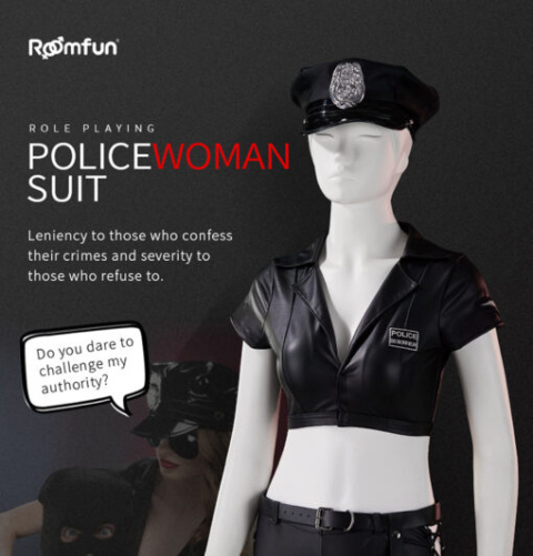 Kostium policjantki, duży zestaw, 7 części, rozmiar M, dzianina w optyce skóry, Roomfun Kostium policjantki, duży zestaw, 7 części, rozmiar M, dzianina w optyce skóry, Roomfun