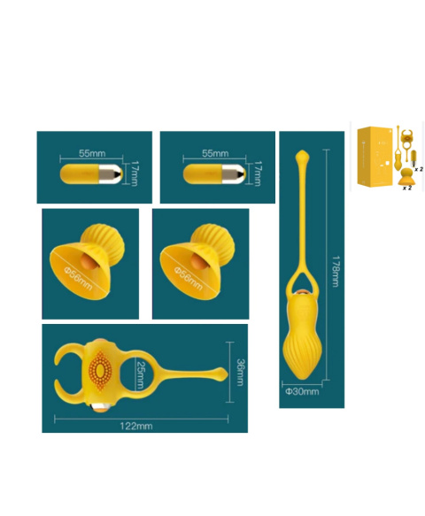 Pompki do sutków, z wibracjami, z dodatkowymi zabawkami: pierścieniem i jajkiem, Leten Yellow Box, silikon, USB Pompki do sutków, z wibracjami, z dodatkowymi zabawkami: pierścieniem i jajkiem, Leten Yellow Box, silikon, USB