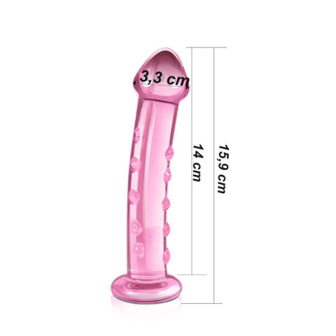 Dildo szklane, zagięte, z wypustkami, różowe, przezroczyste Dildo szklane, zagięte, z wypustkami, różowe, przezroczyste