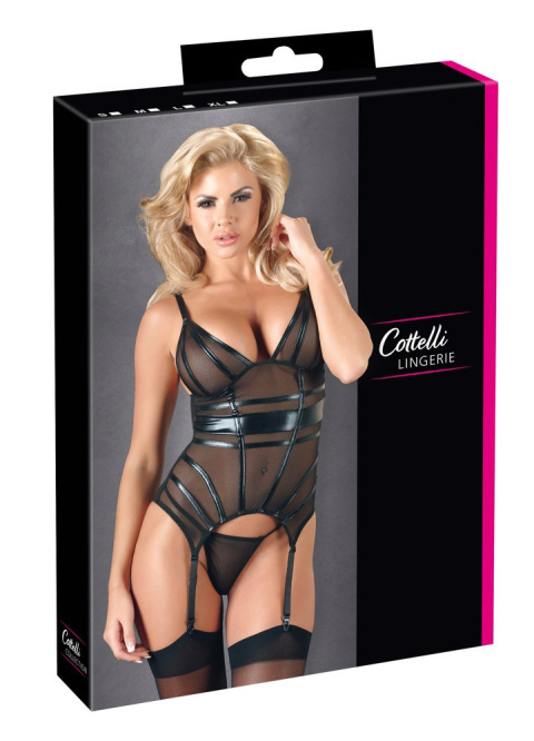 Gorset, stringi i pończochy, komplet bielizny Cottelli, wetlook i siateczka Gorset, stringi i pończochy, komplet bielizny Cottelli, wetlook i siateczka