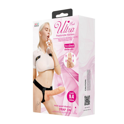 Strap-on z pełnym dildem i jądrami, wibracje, pilot na kablu, TPR, Ultra Passionate , 9,4", Baile Strap-on z pełnym dildem i jądrami, wibracje, pilot na kablu, TPR, Ultra Passionate , 9,4", Baile