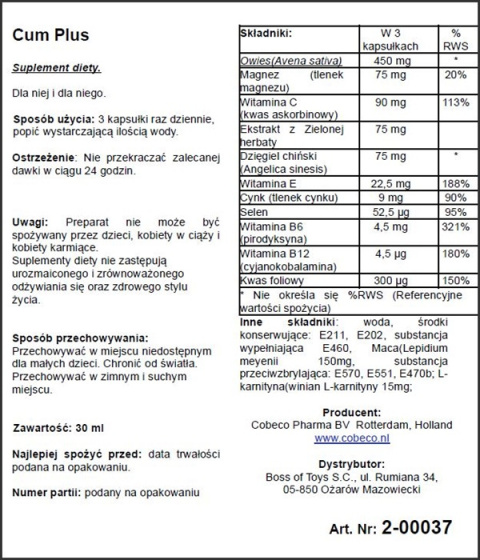 Suplement diety poprawiający jakość, ilość i smak spermy, 30 kapsułek, Cum Plus+ Suplement diety poprawiający jakość, ilość i smak spermy, 30 kapsułek, Cum Plus+
